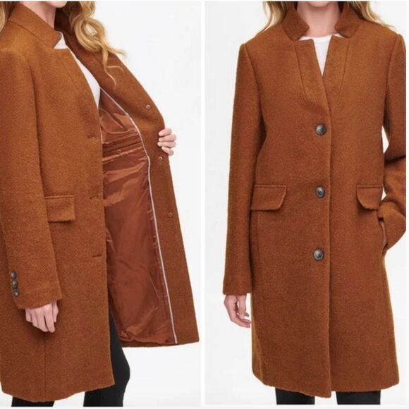 DKNY Women's Single Breasted Walker Coat Wool Blend‎ Teddy Brown Size Small - Picture 1 of 7